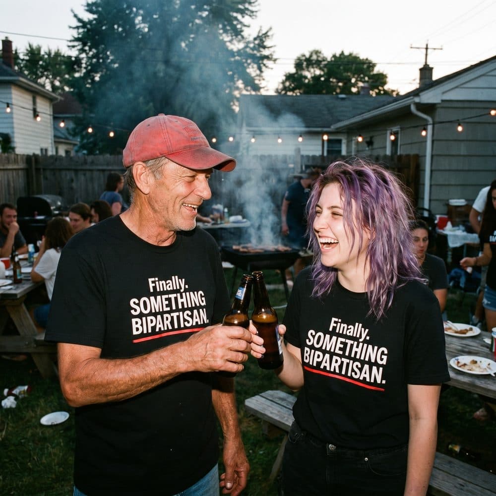 Two people from opposite politics wearing the same FINALLY. SOMETHING BIPARTISAN. tee